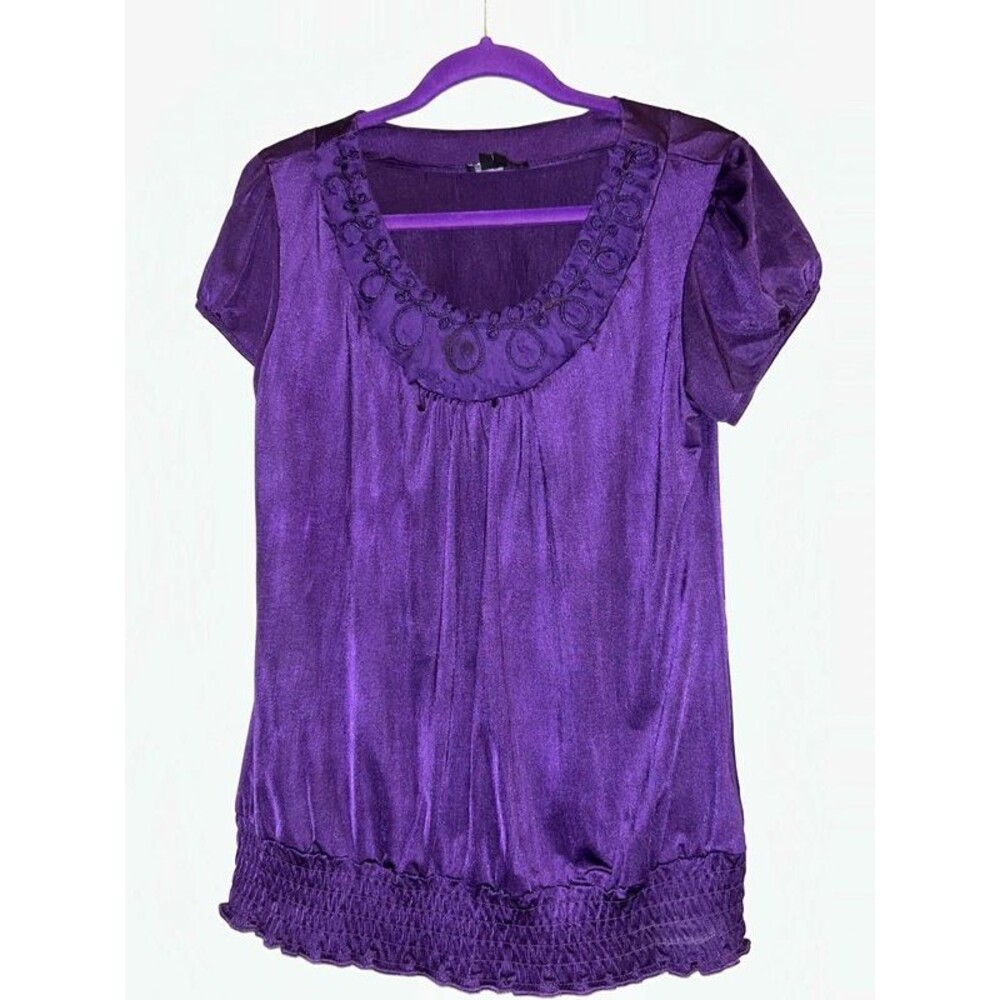 Takara purple design detail neck short sleeve smocked waist top shirt L